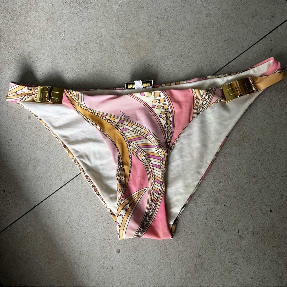 VTG 90s Emilio Pucci Multicolor Geometric Bikini Bottom Gold Buckles Print Sz 42